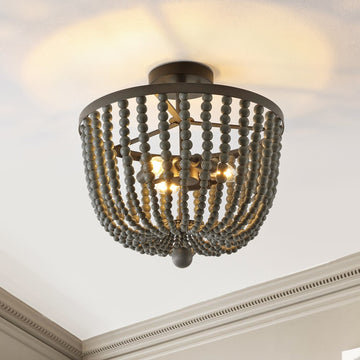 Drift Wood Bead 16" Bohemian Farmhouse Iron LED Semi Flush Mount - JONATHAN Y